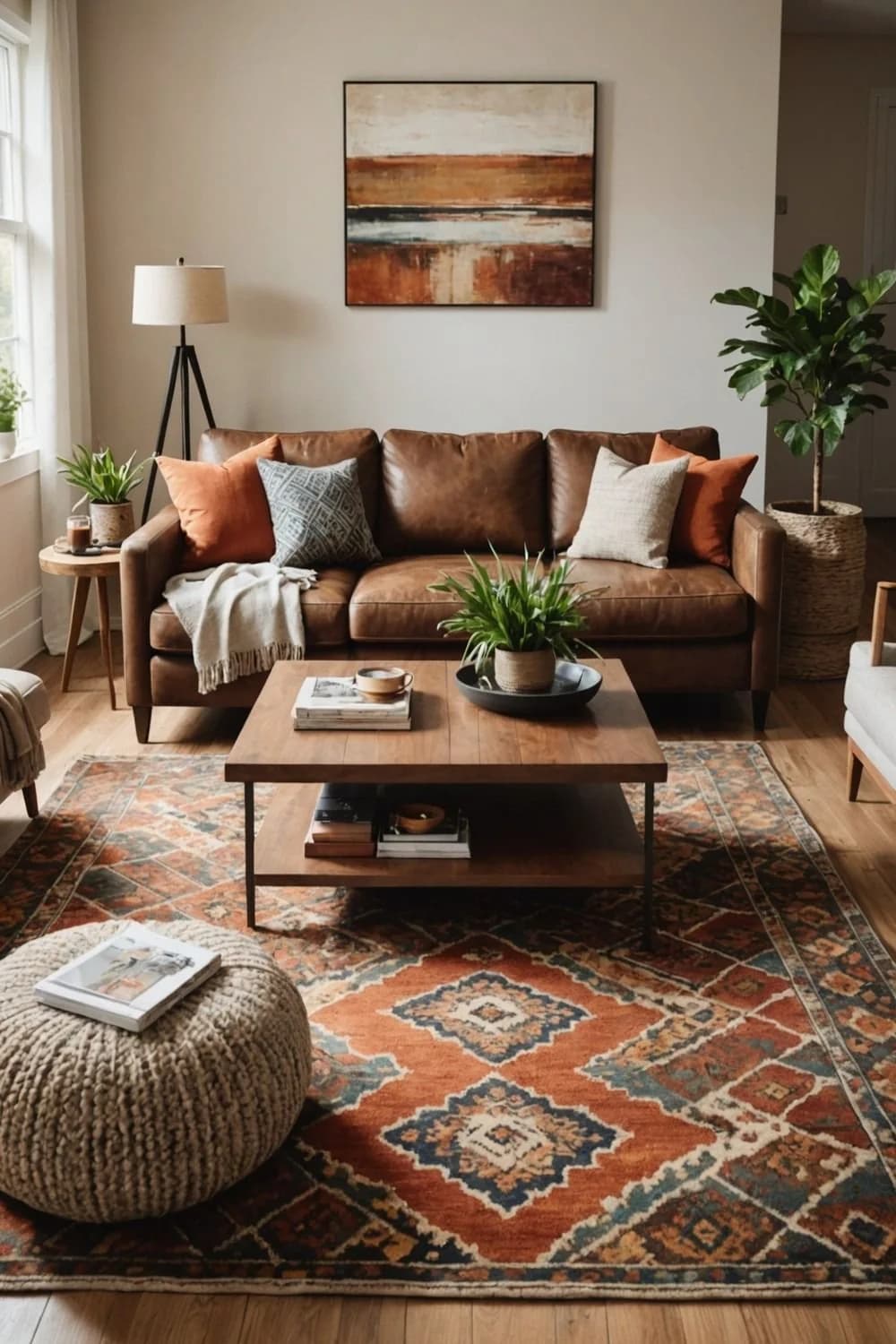 Brown leather sofa with rust and grey cushions on a geometric rug in rust, navy and cream, with a wood and metal coffee table, a knitted pouf and an abstract painting in rust tones