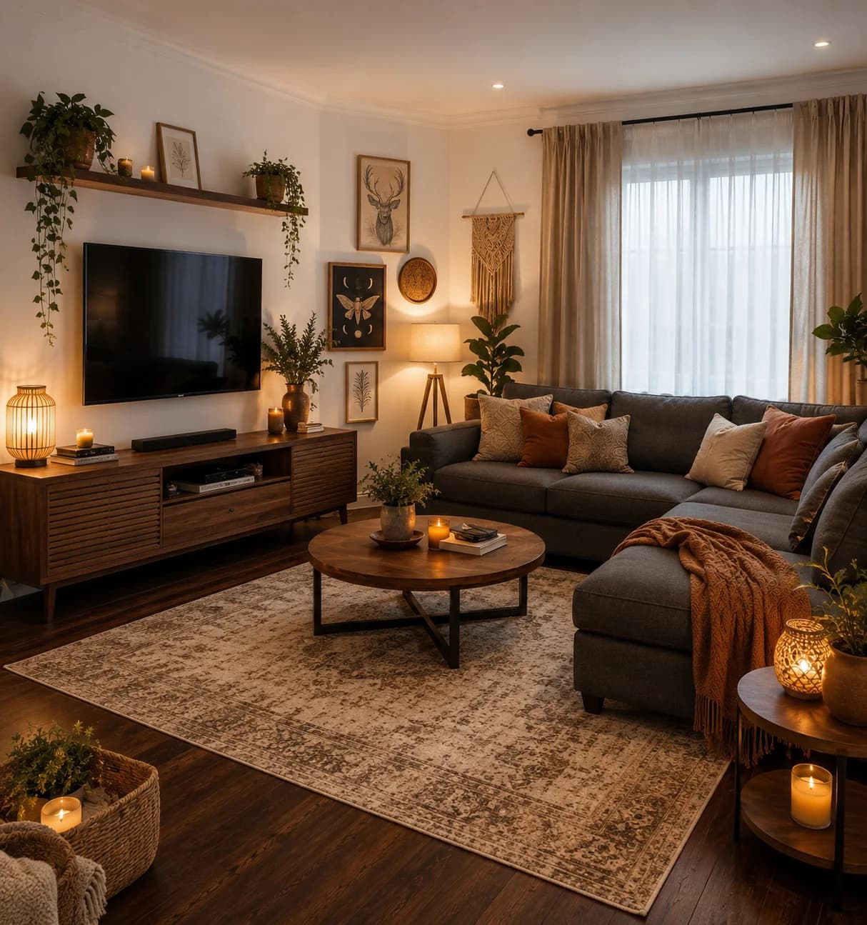 Evening living room with dark wood floors and a beige and brown distressed-pattern rug under a grey sectional with rust cushions, a round coffee table and a wooden TV unit