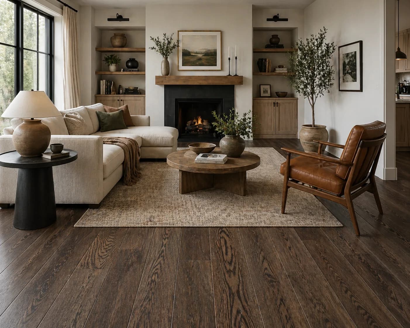 Living room with dark brown wood floorboards and a pale woven rug under a cream sectional, a round wooden coffee table and a tan leather armchair
