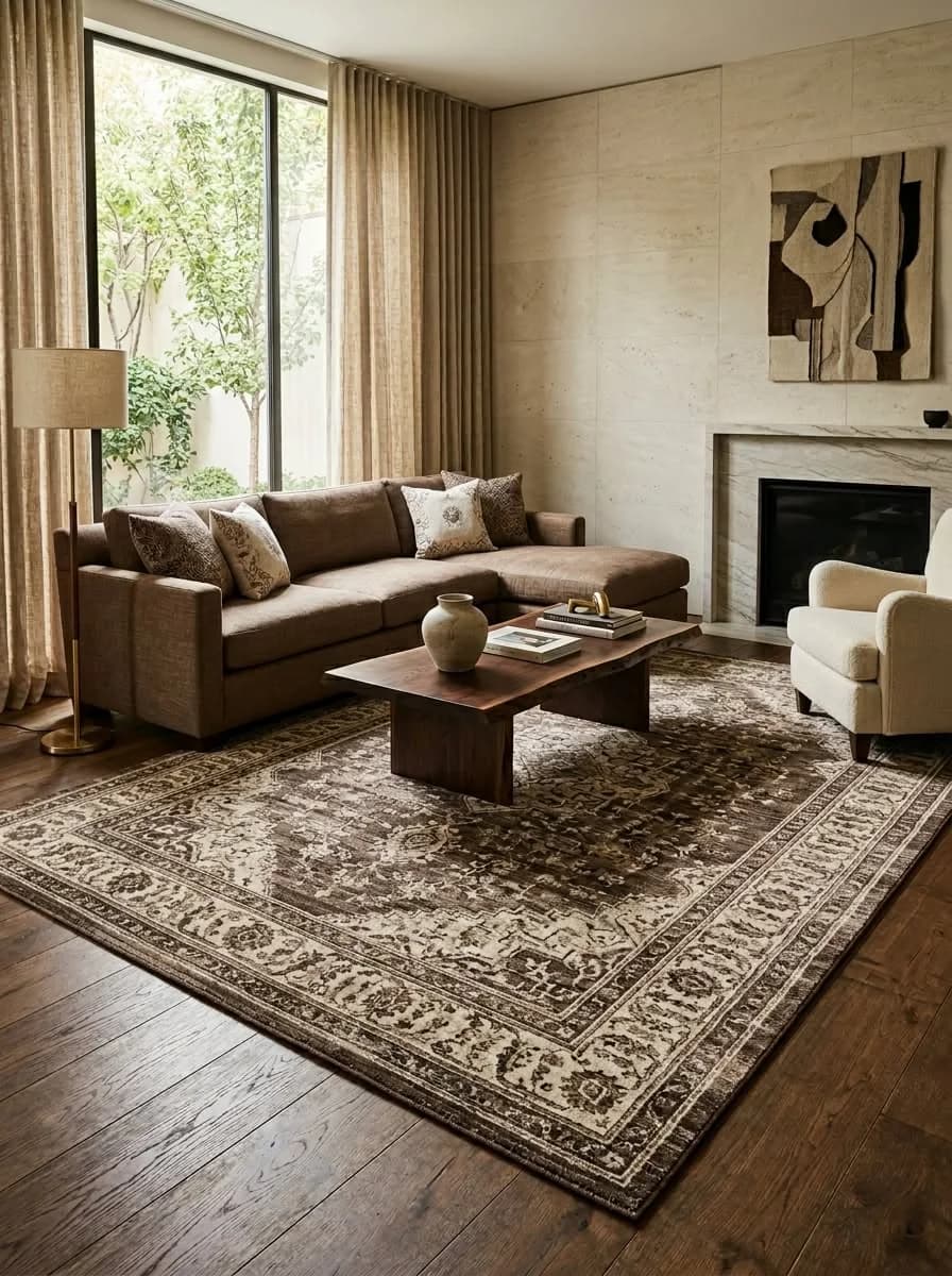 Living room with dark wood floors and a traditional rug with a brown pattern on an ivory ground under a brown sofa and a dark wood coffee table, with long linen curtains