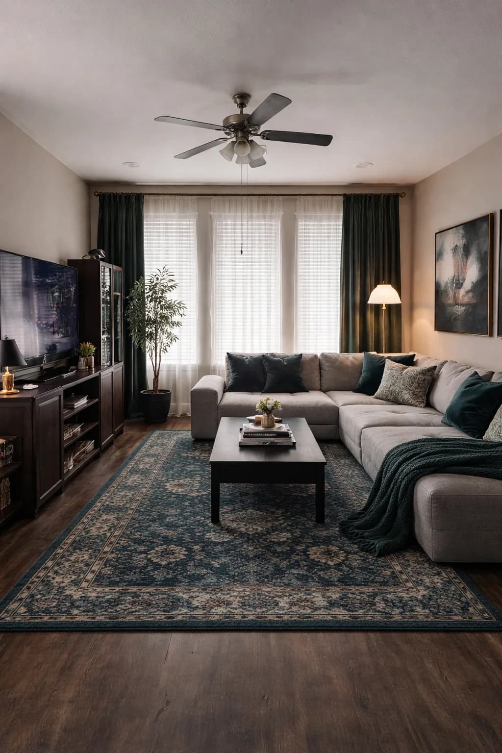 Living room with dark wood floors and a navy rug with a cream traditional pattern under a pale grey sectional and a dark coffee table