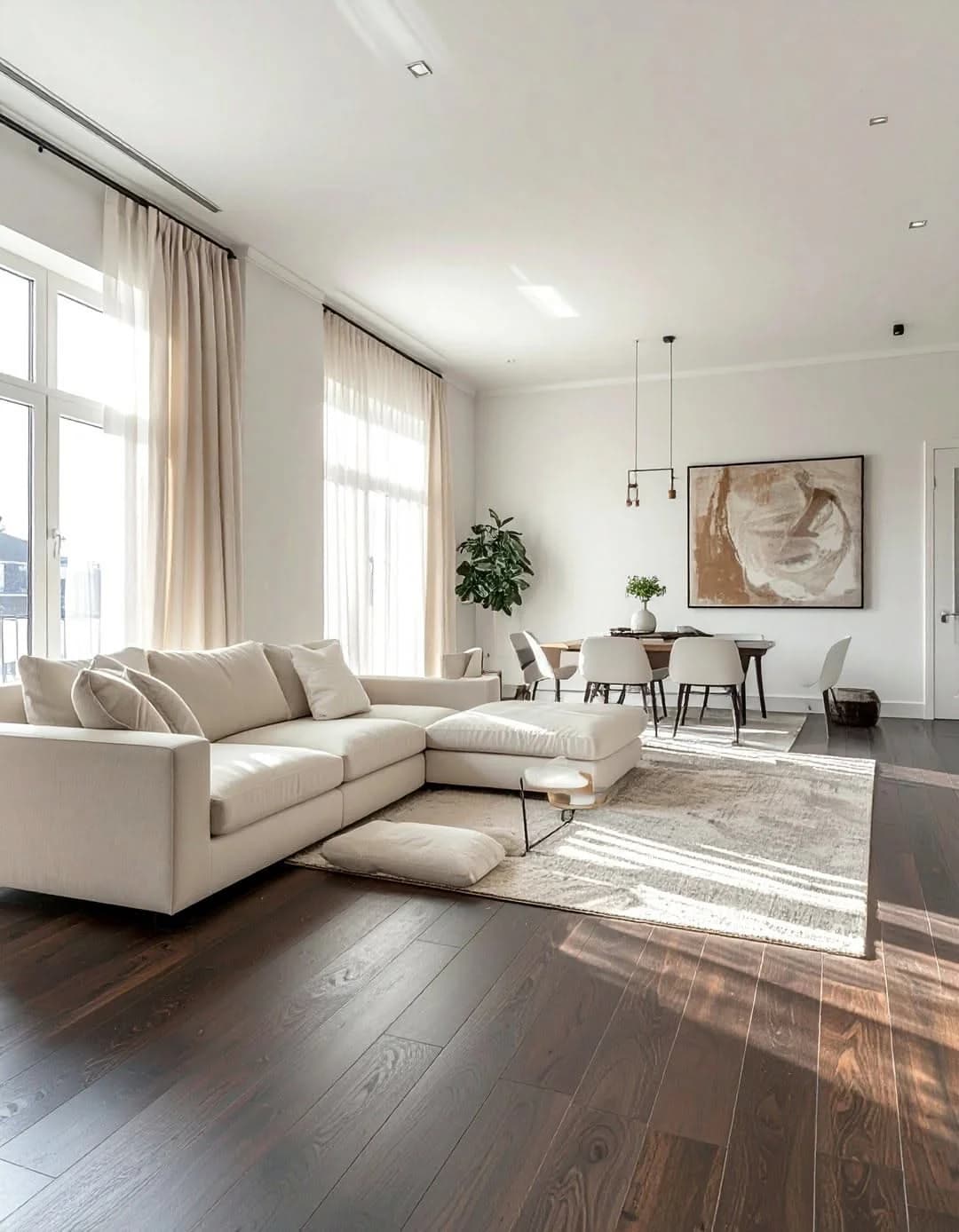 Bright white living room with dark wood floors and a pale patterned rug under a cream sectional, with a dining table beyond
