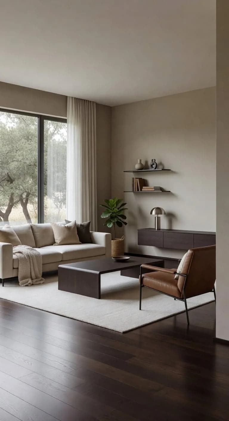 Living room with very dark wood floorboards and a plain off-white rug under a pale sofa, a dark low coffee table and a tan leather armchair beside a large window