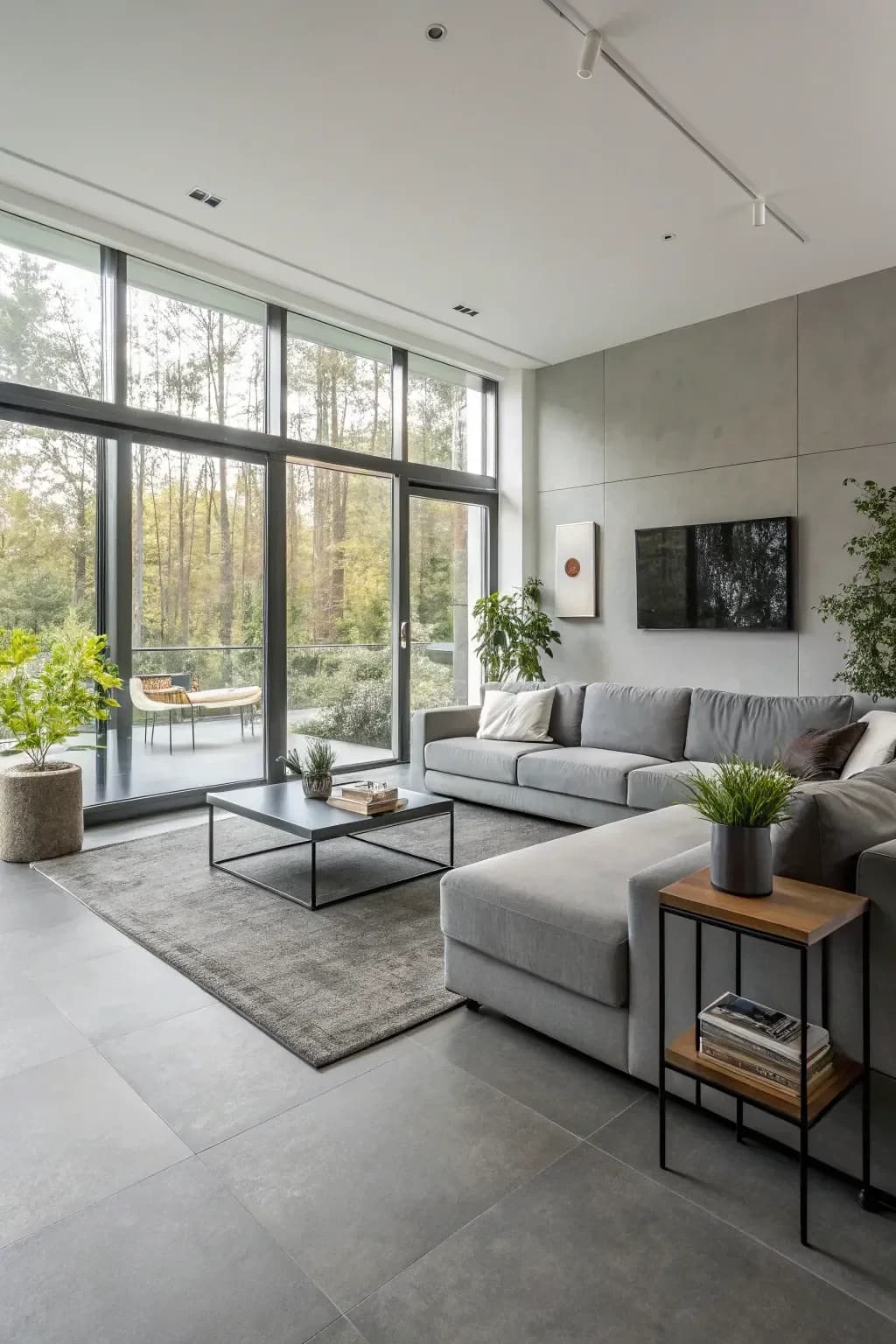 Modern living room with large grey floor tiles, a darker grey textured rug under a black metal coffee table, a grey sectional, a wooden side table, plants and tall windows