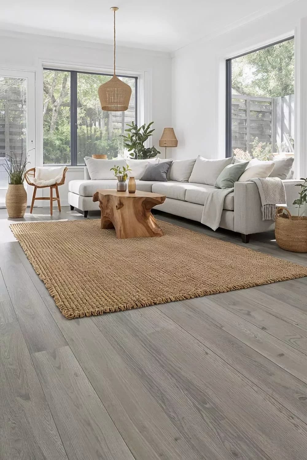 Bright living room with grey wood-look laminate floor, a large jute rug under a light grey sectional, a rough wooden stump coffee table, rattan pendants and plants by tall windows