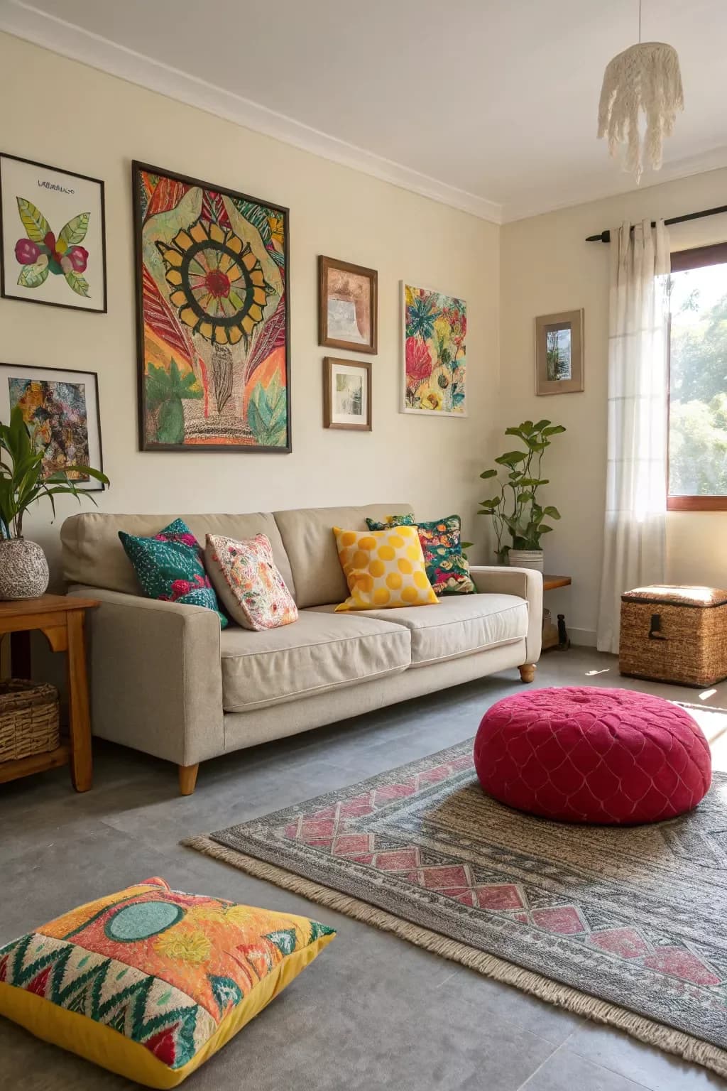 Bright living room with large grey tiles, a red, pink and teal patterned kilim rug, a beige sofa with colorful cushions, a red pouf, a large floor cushion and colorful framed art