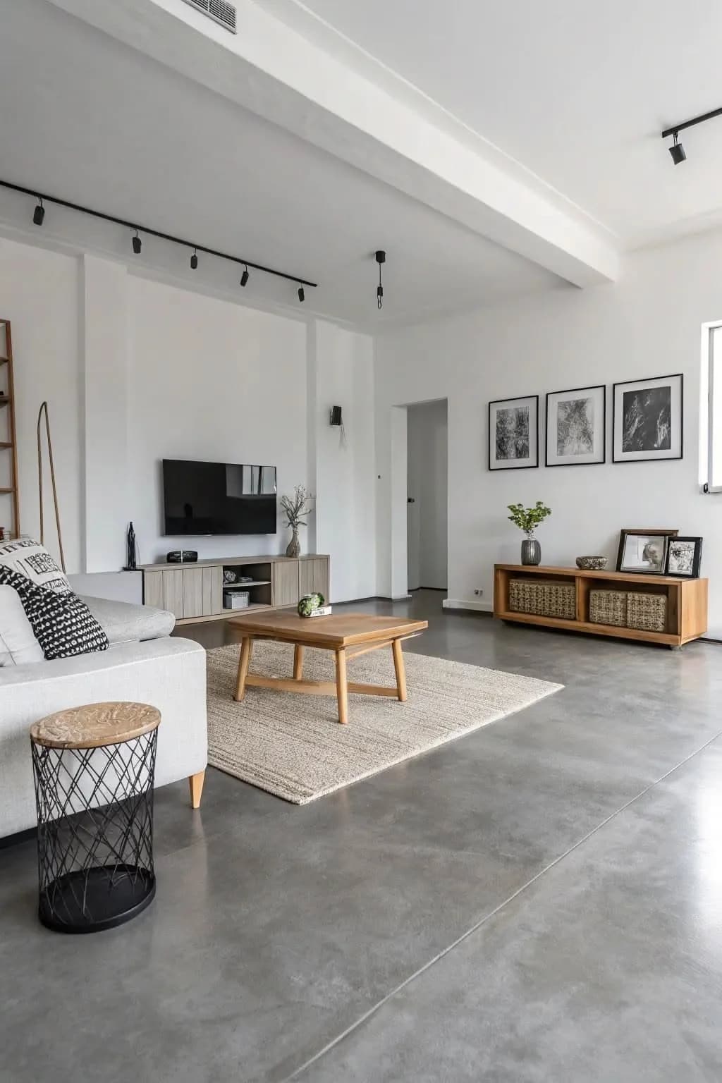 Living room with a polished grey concrete floor, a light textured rug under a wooden coffee table, a white sofa with black and white cushions, a wooden sideboard with baskets and framed prints