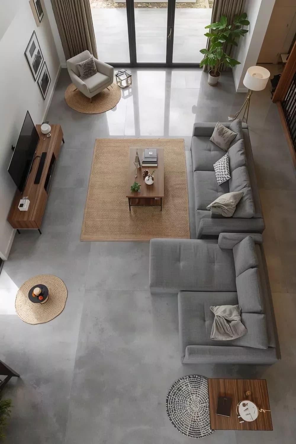 Overhead view of a living room with polished grey concrete tile, a light grey sectional, a jute rug with a wooden coffee table, round woven mats and a wooden TV unit