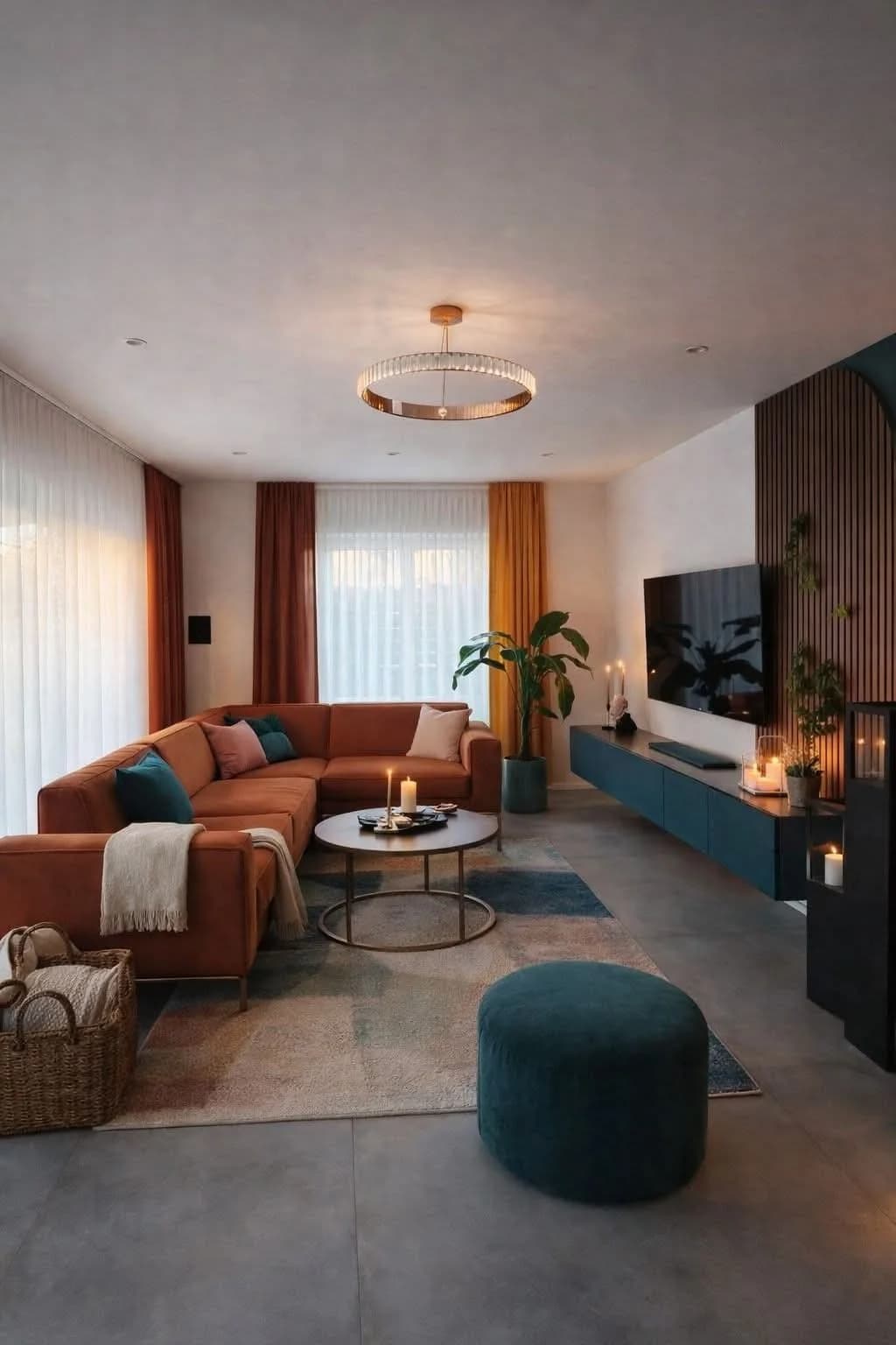 Living room with large grey floor tiles, a rust orange sectional, a patterned rug in teal, rust and grey, a teal velvet pouf, rust and mustard curtains and candles in the evening