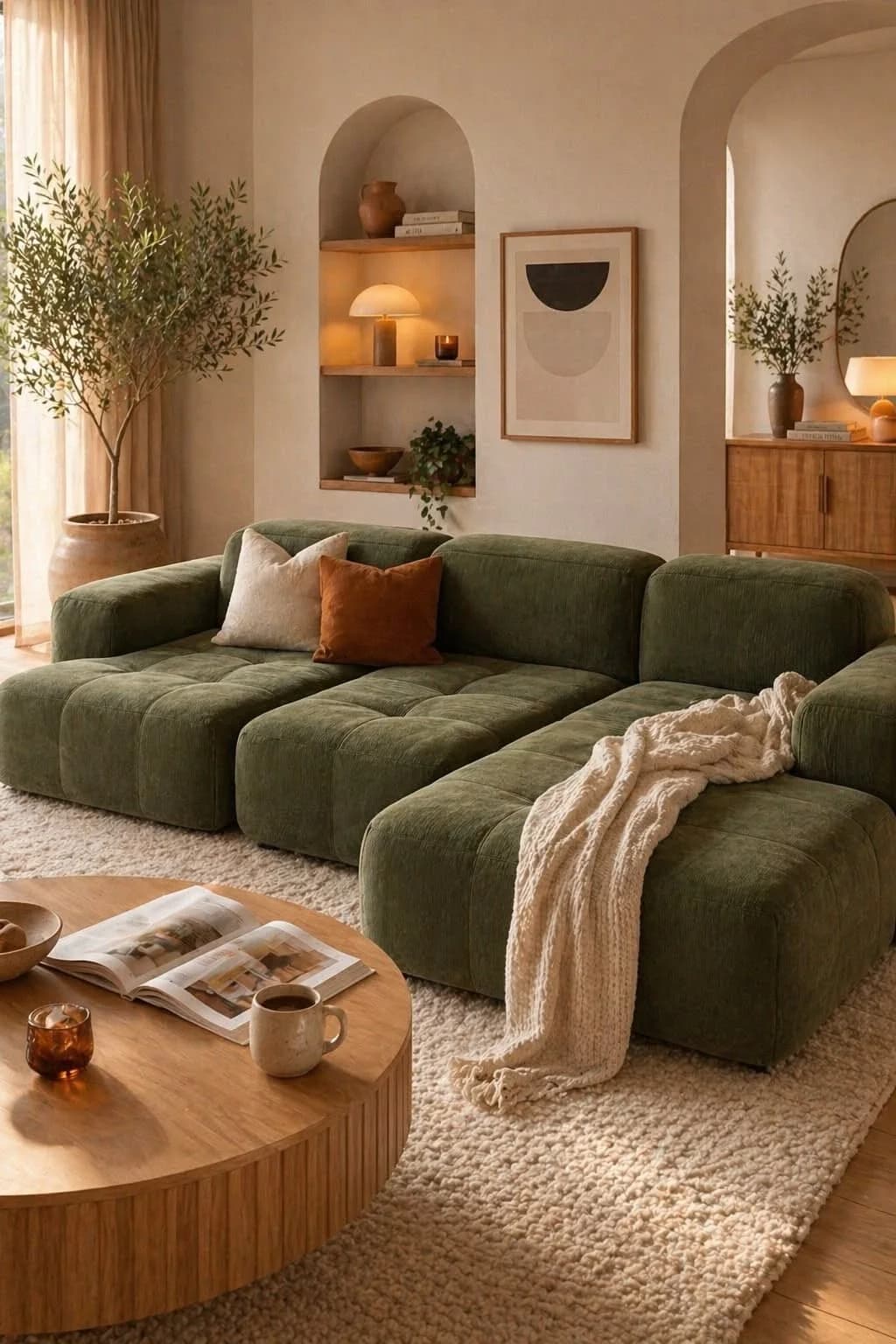 Olive green modular sofa with a cream knitted throw and a rust cushion on a thick cream looped rug, with a round wooden coffee table and arched wall niches