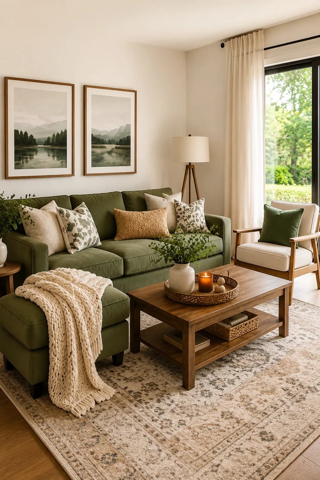 Olive green sofa with patterned cushions and a cream knitted throw on an ivory rug with a faded grey and tan traditional pattern, with a wooden coffee table and two landscape prints
