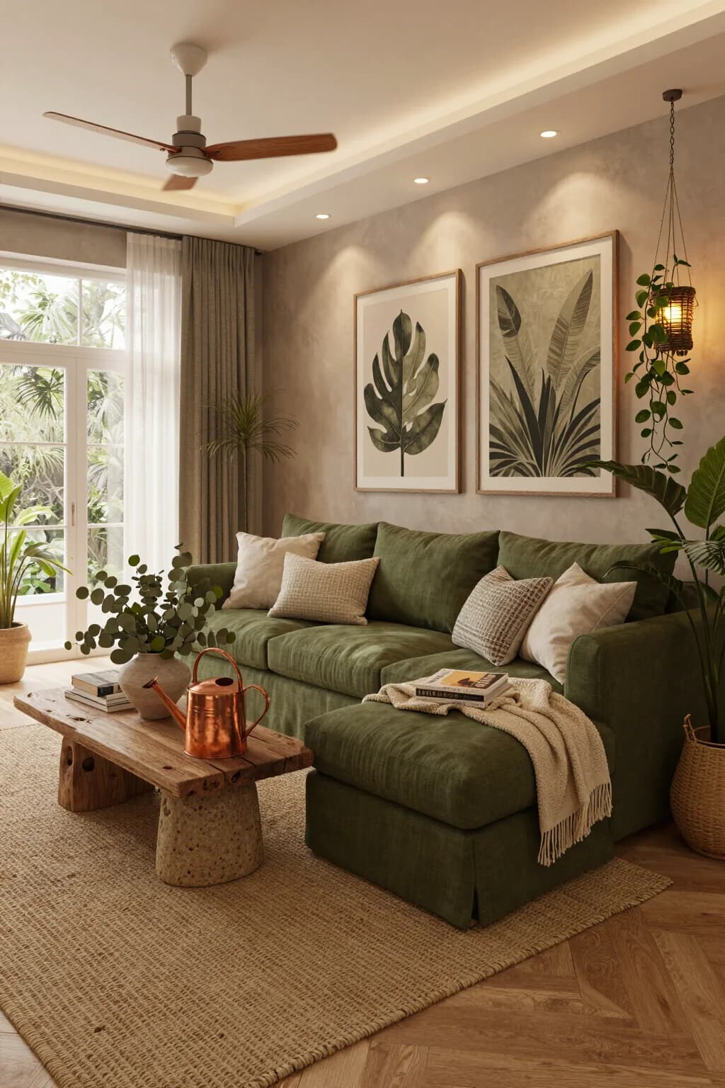 Living room with an olive green sectional with cream cushions and a throw on a herringbone jute rug, a rough wooden coffee table and two framed botanical prints