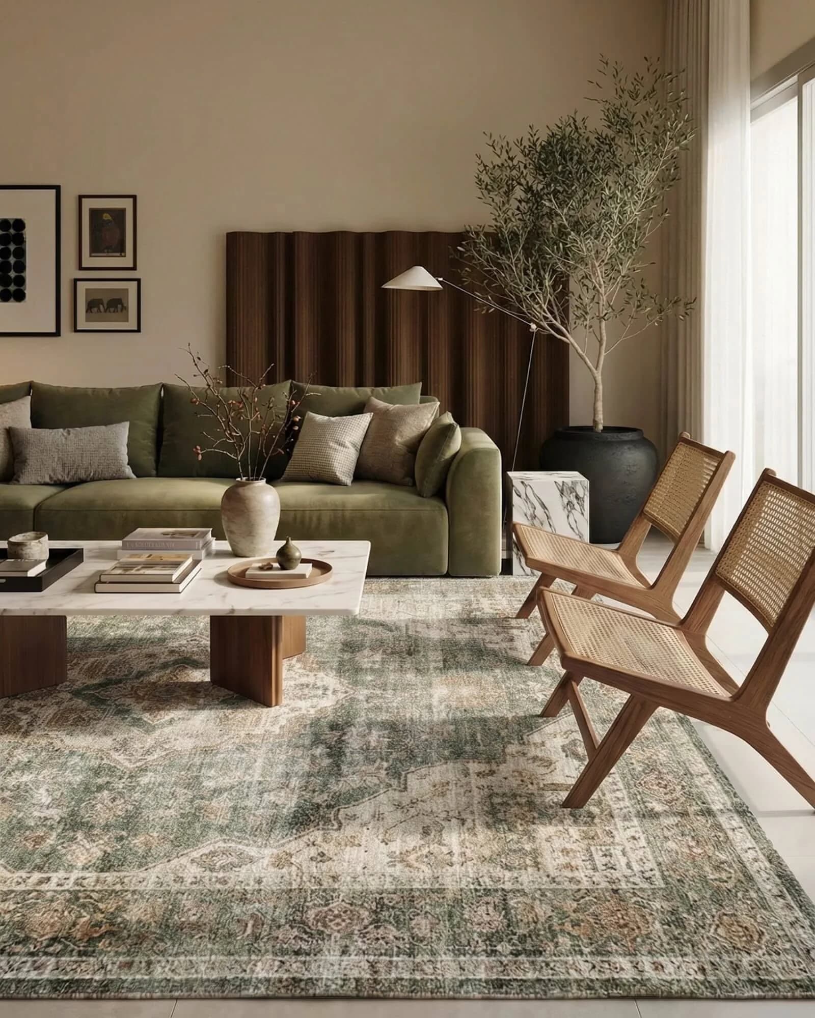 Olive green sofa with grey and beige cushions on a muted green and grey vintage-pattern rug, with a marble and wood coffee table and two cane lounge chairs
