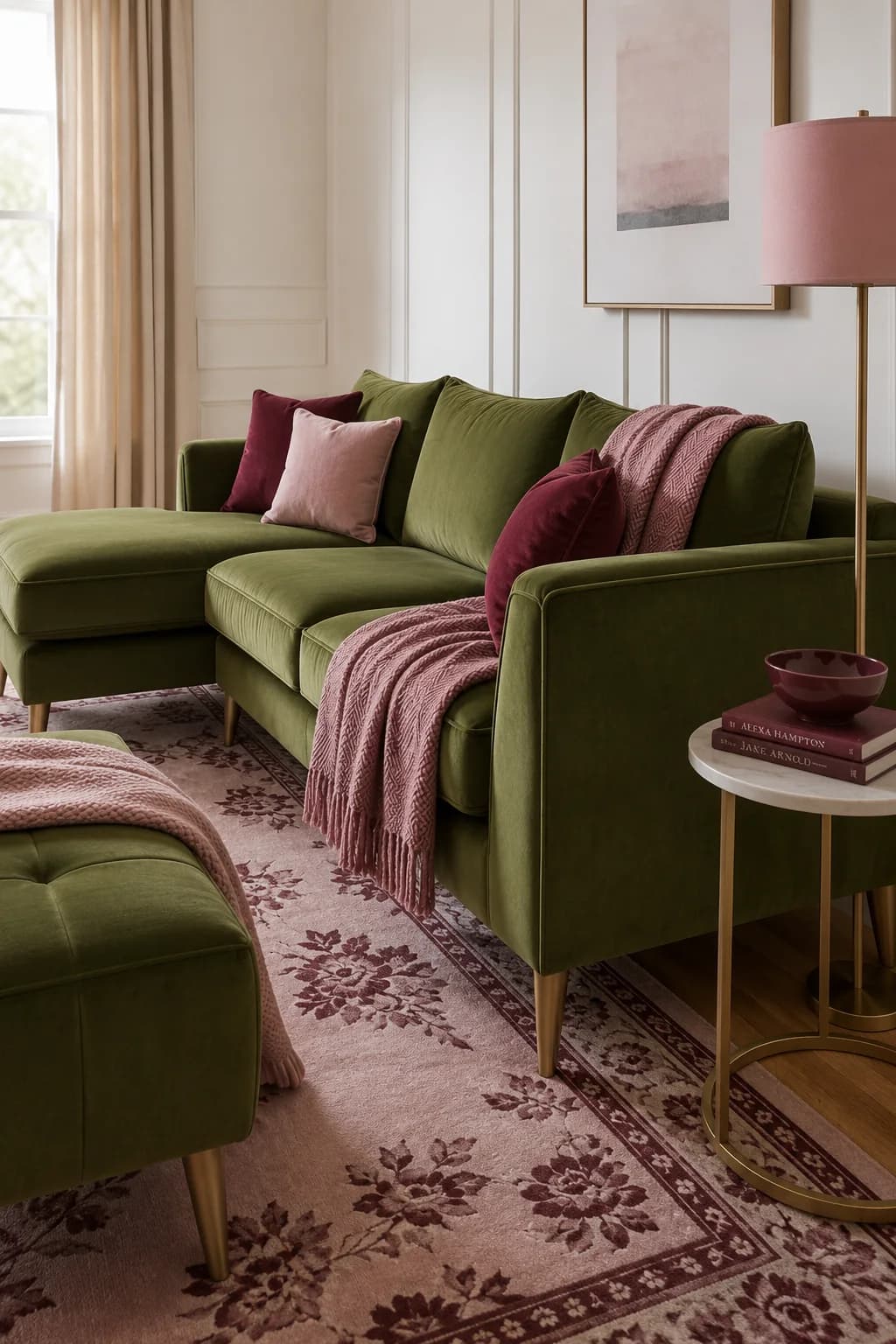 Olive green velvet sectional with pink and burgundy cushions and a pink throw on a dusty pink rug with a burgundy floral pattern