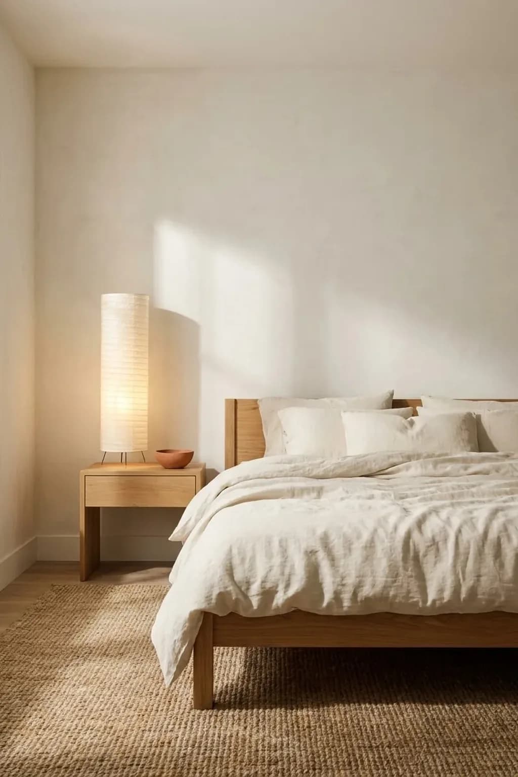 Uncluttered organic modern bedroom corner with a low oak bed, cream linen bedding, a plain oak bedside table holding only a paper lamp and one small bowl, warm white limewash-effect wall