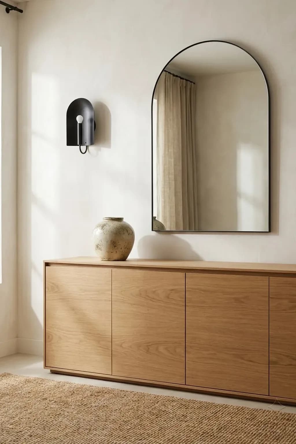 Plain flat-fronted oak sideboard against a warm white wall with an arched mirror above it and one rounded stoneware vase on top, a single black wall light, showing a curve beside straight lines