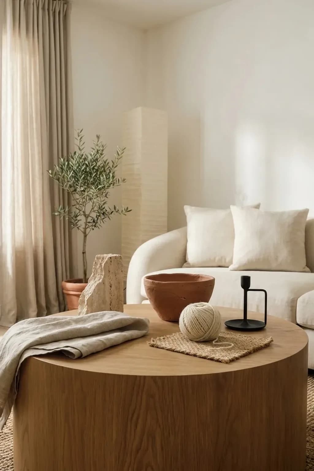 Organic modern material samples on an oak table, including linen, a clay bowl, cream wool, jute and a black candle holder
