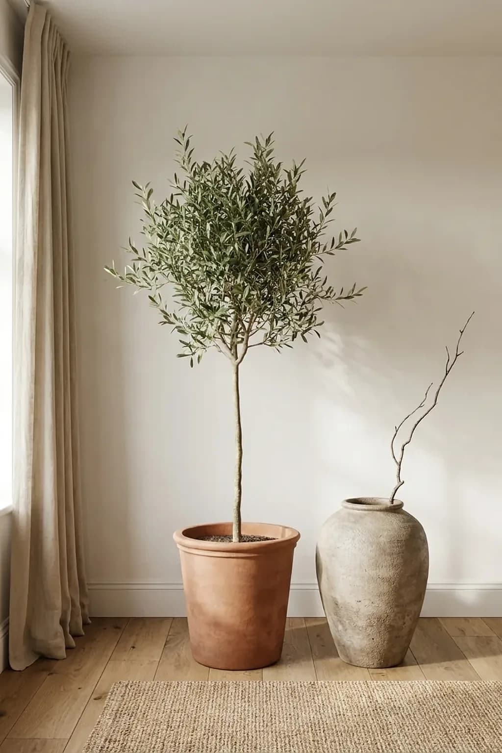 Tall olive tree in a large clay pot beside a big stoneware floor vase with one dried branch, in front of a warm white wall and a full-length linen curtain, jute rug edge on an oak floor