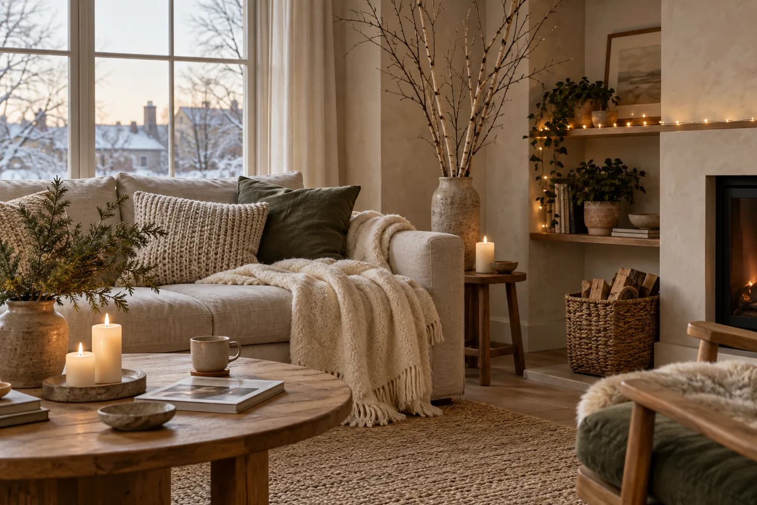 Living room in January with a cream wool throw, bare branches in a vase, white candles and warm string lights