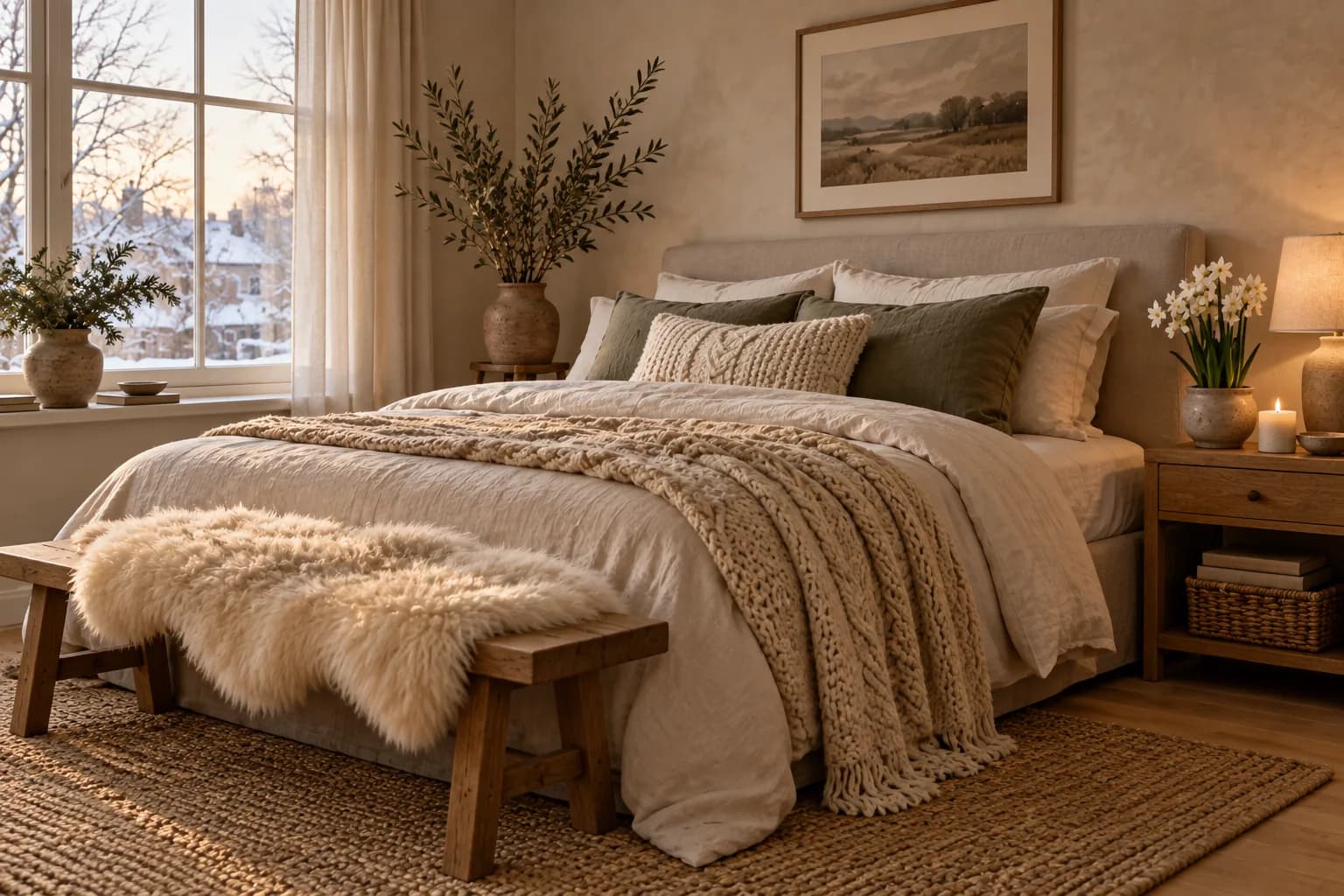 Bed layered with an oatmeal wool blanket and cable knit throw, sheepskin on a bench and paperwhites on the nightstand