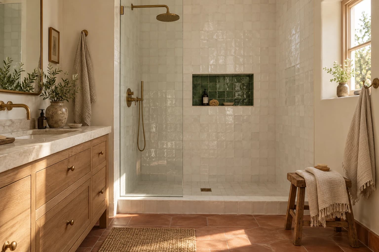 Bathroom with a walk-in shower in white zellige tile, a green tiled niche, brass fittings and an oak vanity