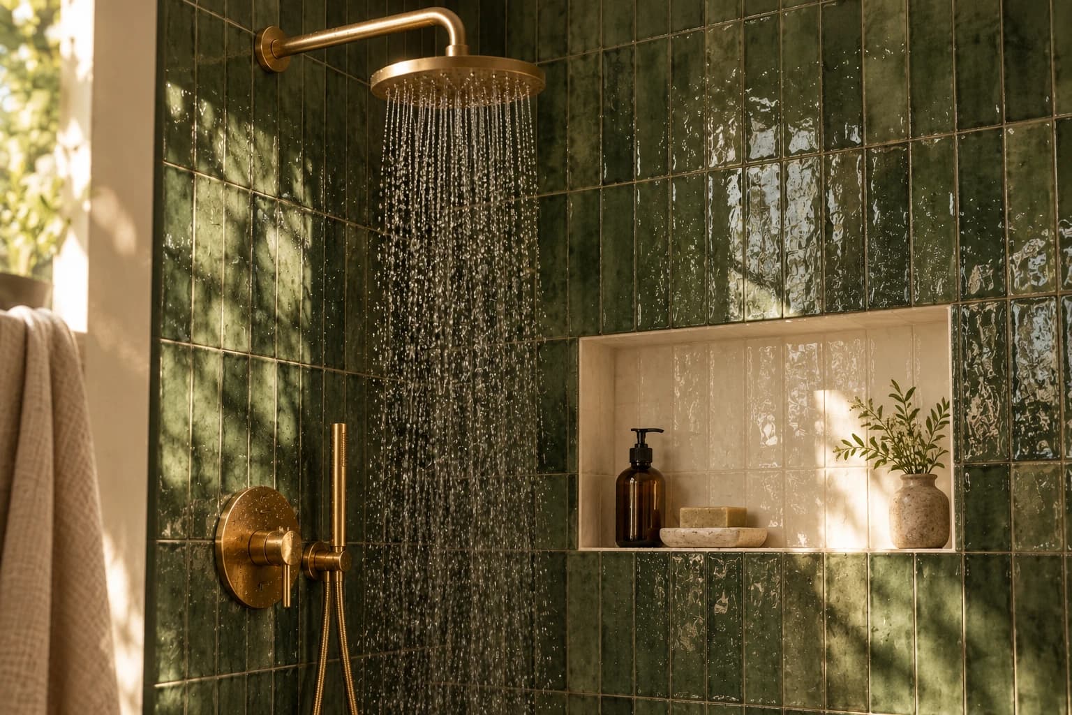 Shower wall in deep green zellige tiles stacked vertically with a niche lined in white tile and a brass shower head