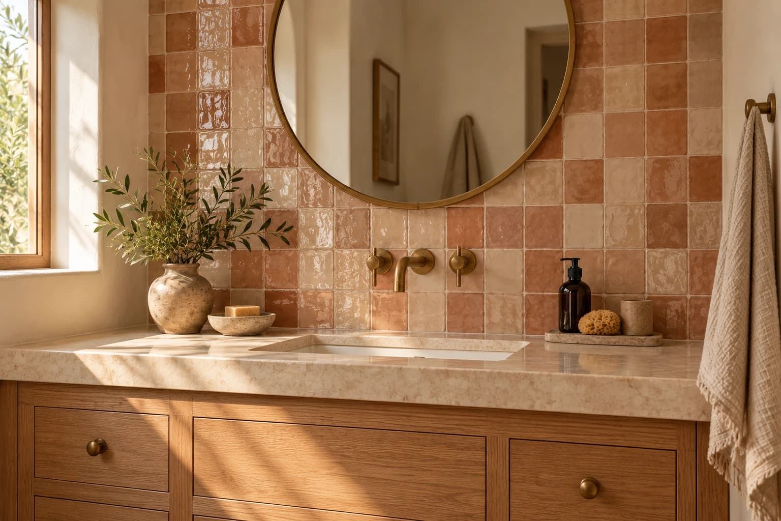Vanity splashback in mixed blush, sand and terracotta zellige tile behind a round brass mirror