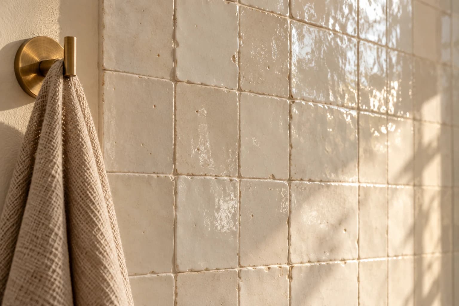Close-up of white zellige tiles with uneven edges, tight grout joints and a linen towel on a brass hook
