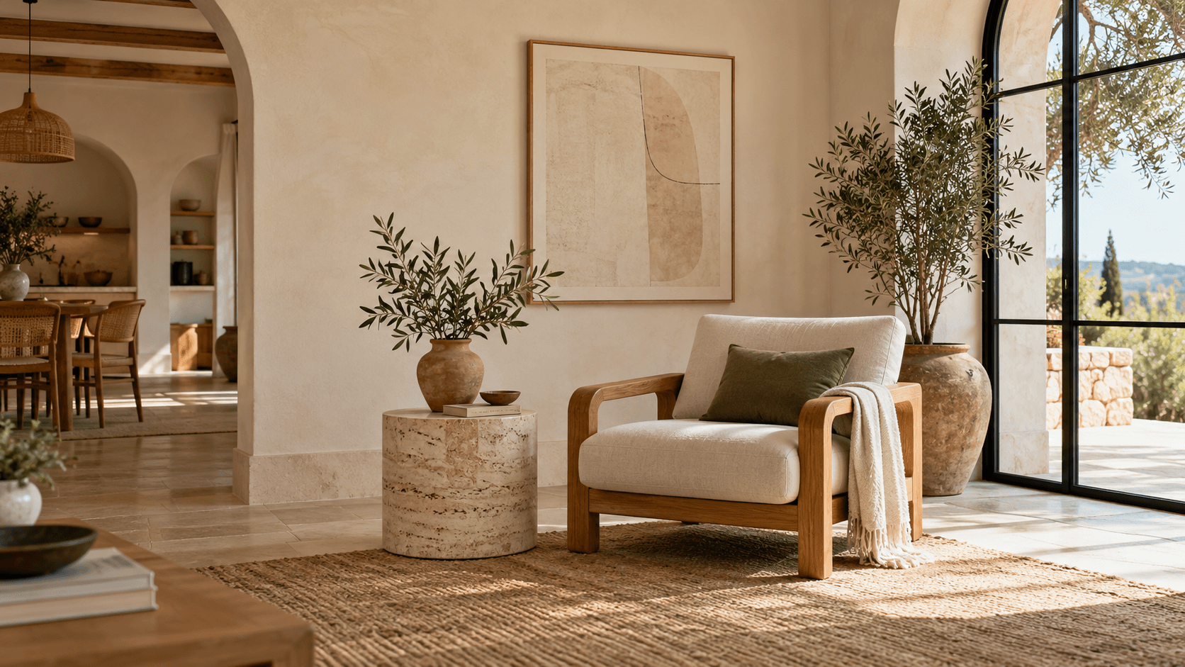 Organic modern living space with a cream armchair, olive tree and arched doorway in warm afternoon light