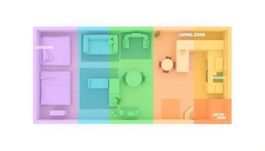 Bird's-eye view of a studio apartment with color-coded zones showing living, sleeping, working, and dining areas