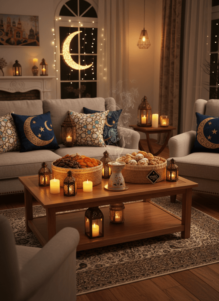 A living room with crescent-patterned cushions, woven baskets of dates, and glowing candles.