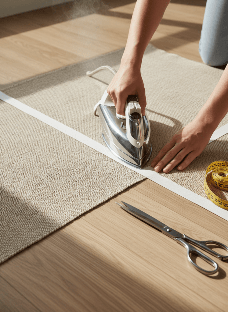 Ironing a hem on a drop cloth curtain using hem tape