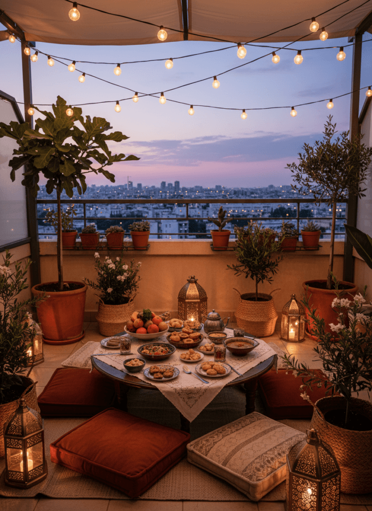 An outdoor balcony decorated with lanterns, string lights, floor cushions, and a low table set for Iftar.