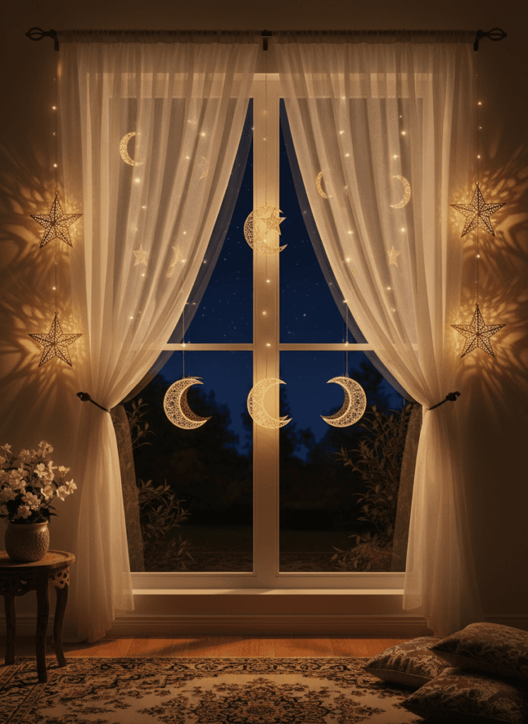 A window framed with sheer curtains, fairy lights, and crescent moon decals glowing at night.