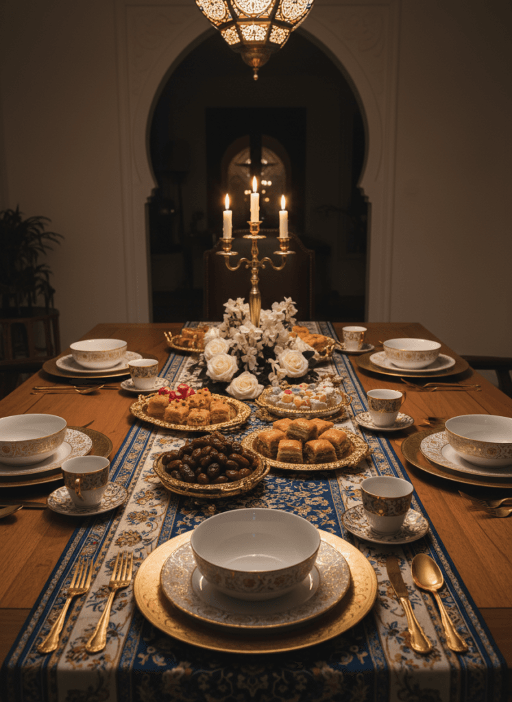 A festive dining table set with golden plates, patterned runner, date trays, and tea sets under soft lighting.