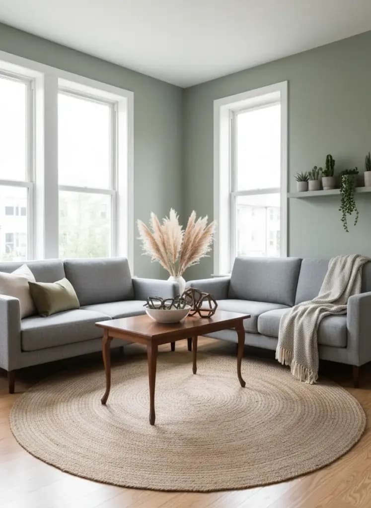 A small living room with two slim sofas facing each other, separated by a narrow table with a decorative centerpiece.
