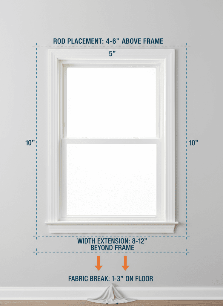 Diagram showing proper curtain rod height and width relative to window