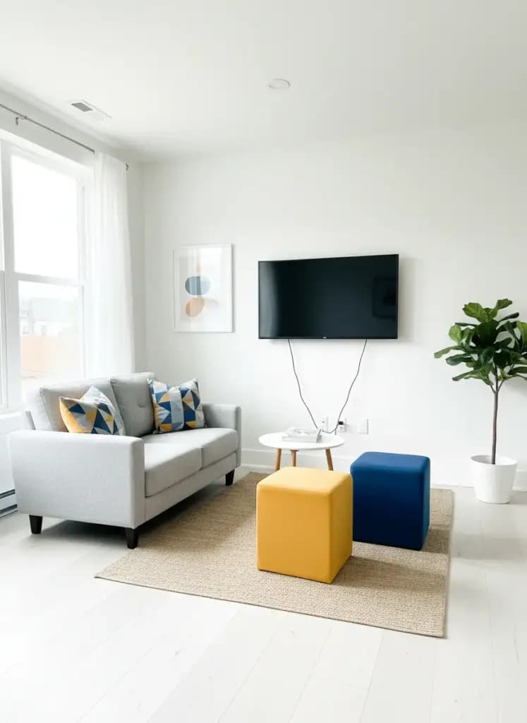 A small living room with a wall-mounted flat-screen TV, a compact loveseat facing it, and two colorful cube seats or stools neatly arranged. The room should feel bright and uncluttered, with minimalist decor and light-colored walls.