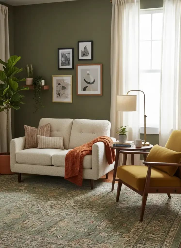 A cozy small living room featuring a compact sofa and a stylish accent chair angled towards it, with a small side table and floor lamp creating a warm conversation nook.