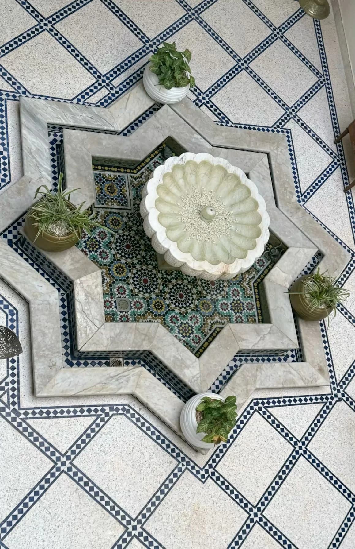 نافورة بيضاء بشكل زهرة داخل حوض على شكل نجمة مبطن بالزليج، وحوله أصص نباتات صغيرة على بلاط أبيض بخطوط زرقاء