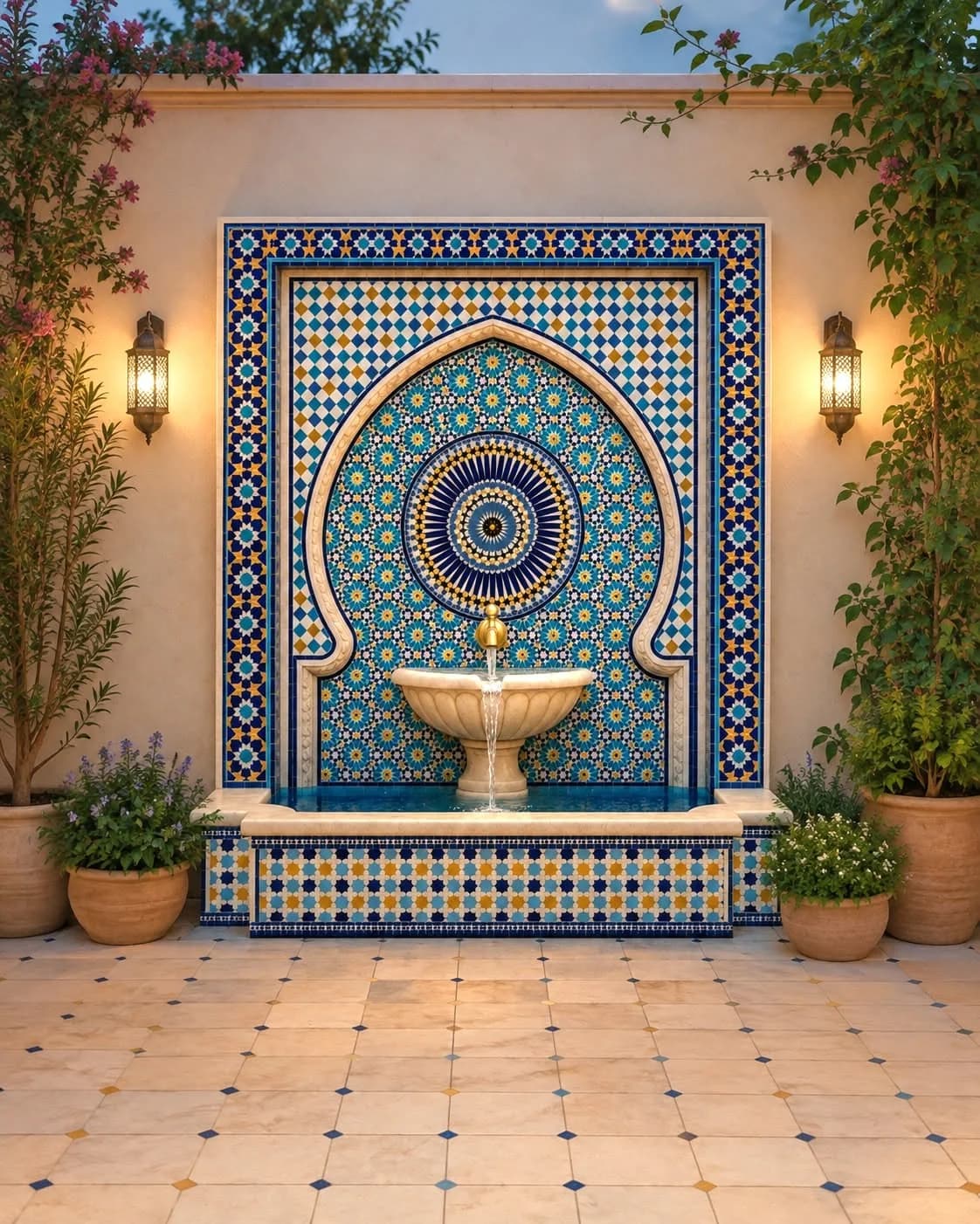 جدار حوش فيه إطار زليج أزرق وأبيض على شكل قوس مغربي ونافورة جدارية بيضاء، وفانوسان نحاسيان على الجانبين وأصص فخار وأرضية بلاط فاتح