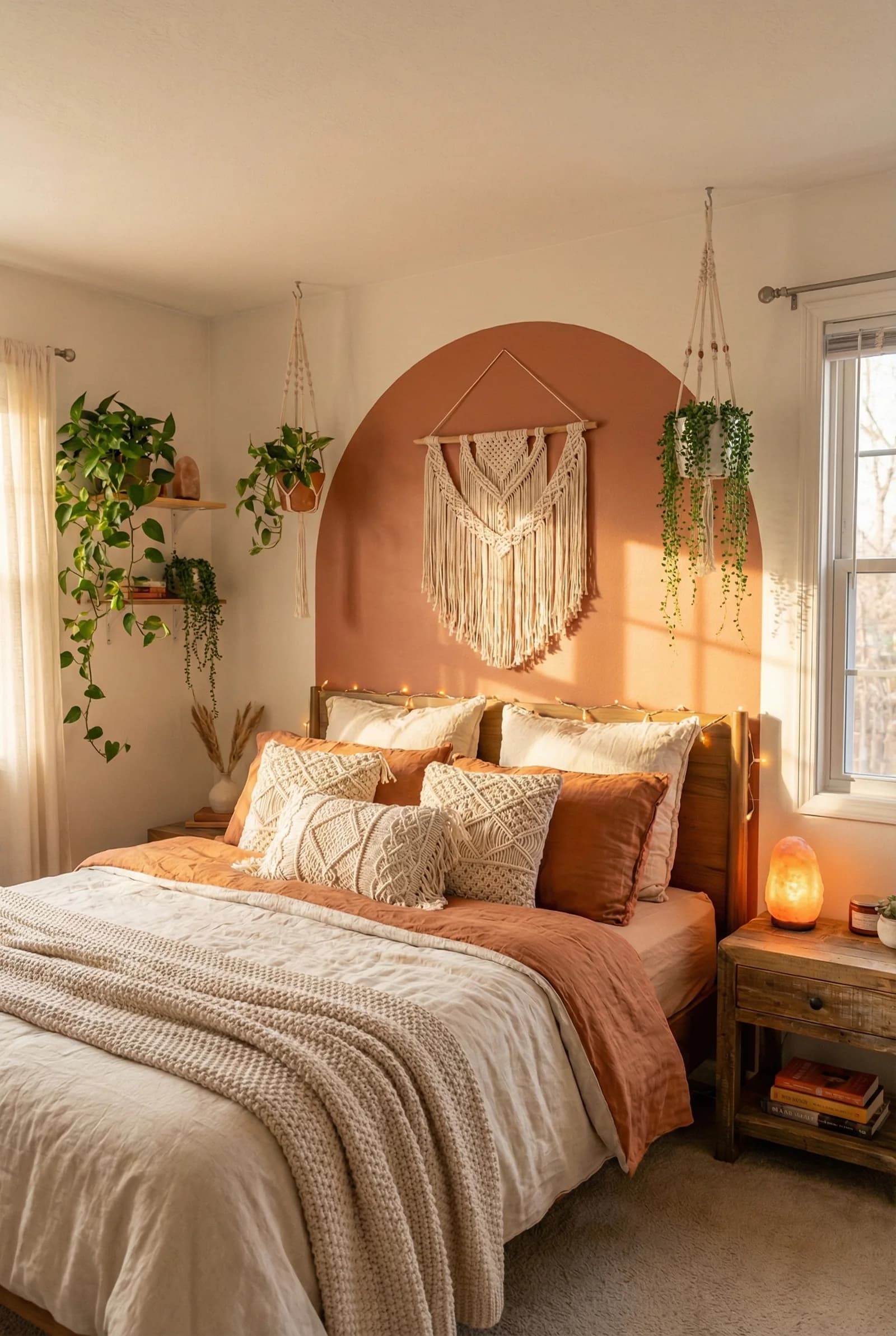 Small bedroom with a terracotta arch behind the bed, a macrame hanging in the arch, trailing plants on both sides, textured cushions and a salt lamp