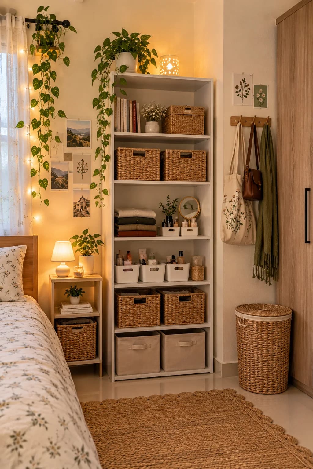 Tall white open shelving unit with woven baskets and white storage boxes beside a bed, with hooks holding bags, trailing plants and string lights on the wall