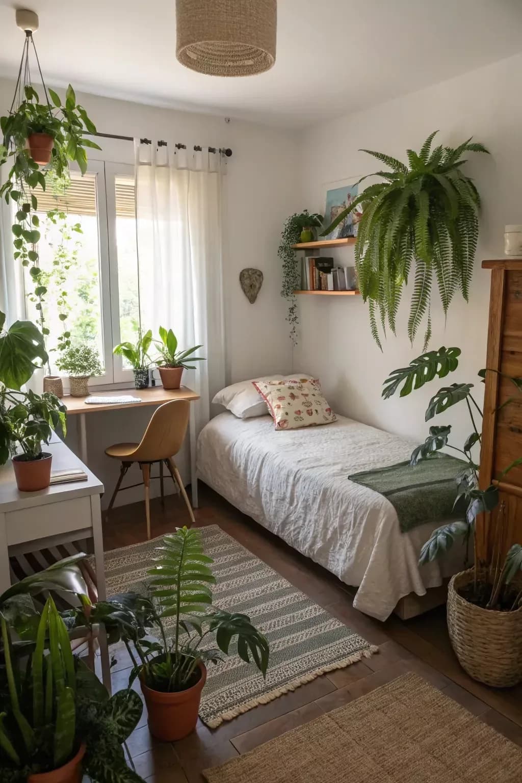 Small boho bedroom with a single bed against the wall, a desk under the window, a striped runner rug, hanging ferns and pots of plants on the floor and sill