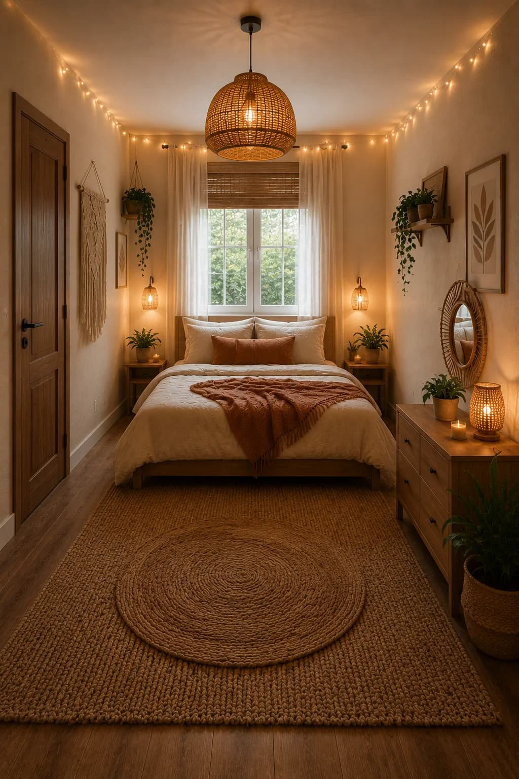 Narrow boho bedroom with the bed under the window at the far end, string lights along the ceiling, a woven pendant lamp, a dresser along one wall and a jute rug