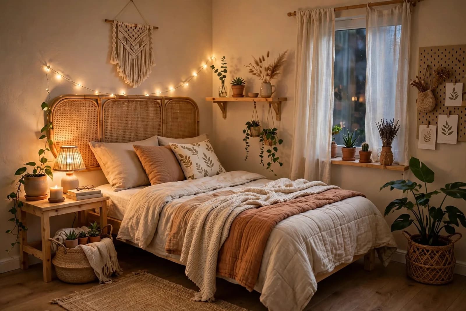 Small boho bedroom with a rattan headboard, terracotta and cream bedding, a macrame hanging and string lights on the wall, a wooden shelf with plants and a window with sheer curtains