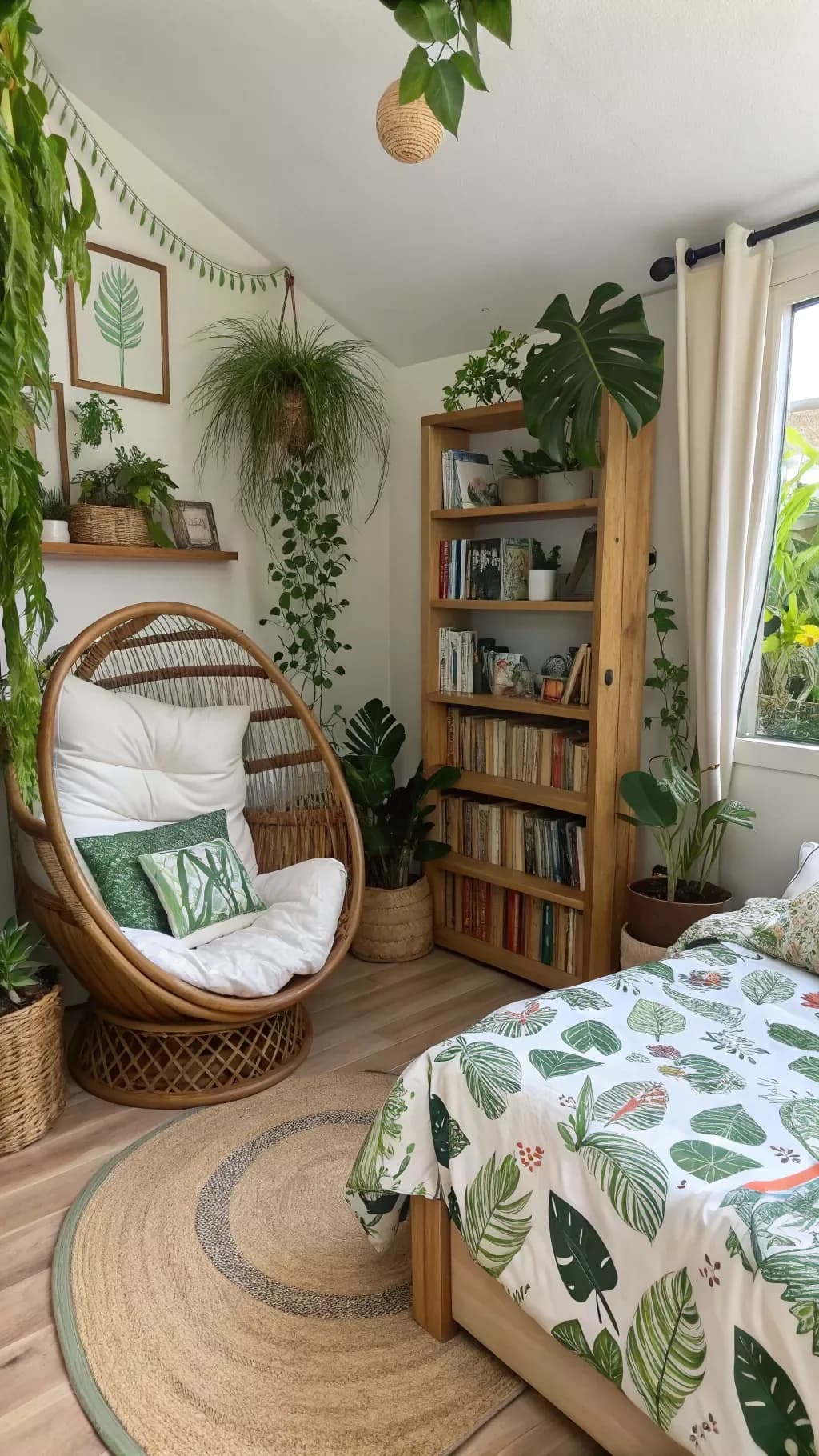 Small boho bedroom corner with a rattan hanging egg chair with white cushions, a wooden bookshelf, hanging plants and a round jute rug beside a bed with leaf-print bedding