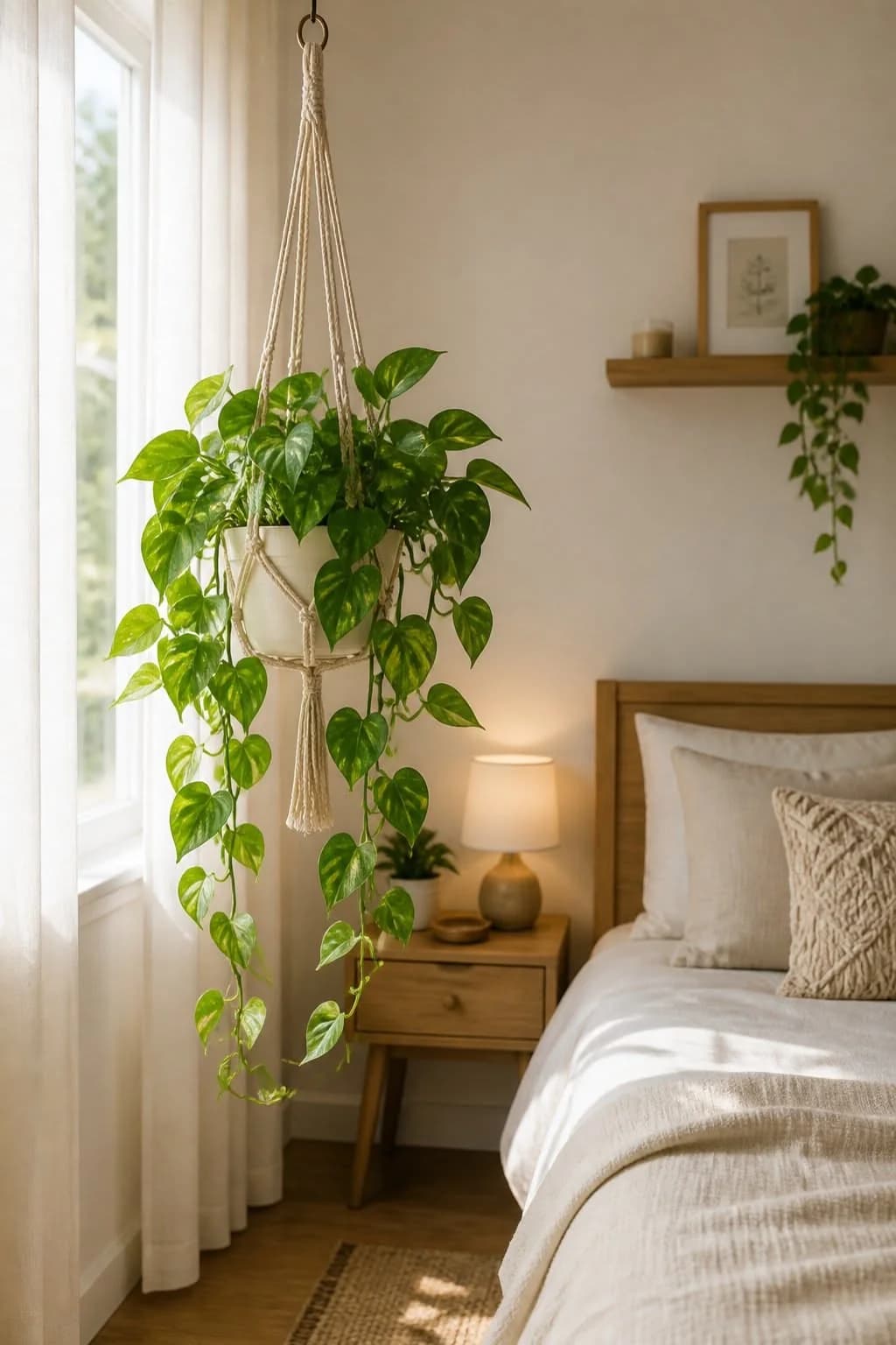 Large trailing pothos in a macrame hanger by a window with sheer curtains, beside a single bed with a wooden headboard and a small lamp on the nightstand
