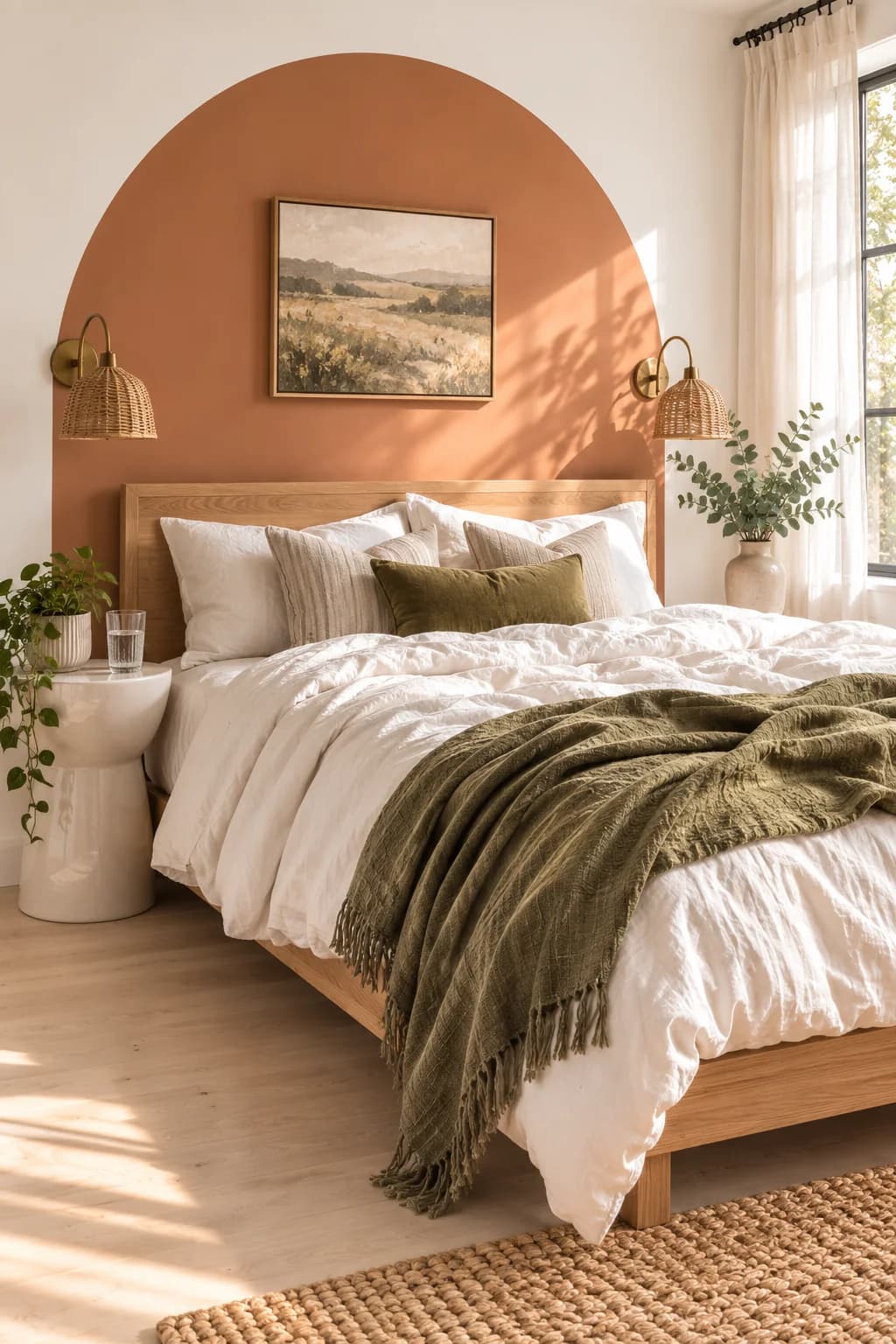 Bedroom with a terracotta painted arch behind a wooden bed, a landscape print inside the arch, two rattan wall sconces, white bedding and an olive throw