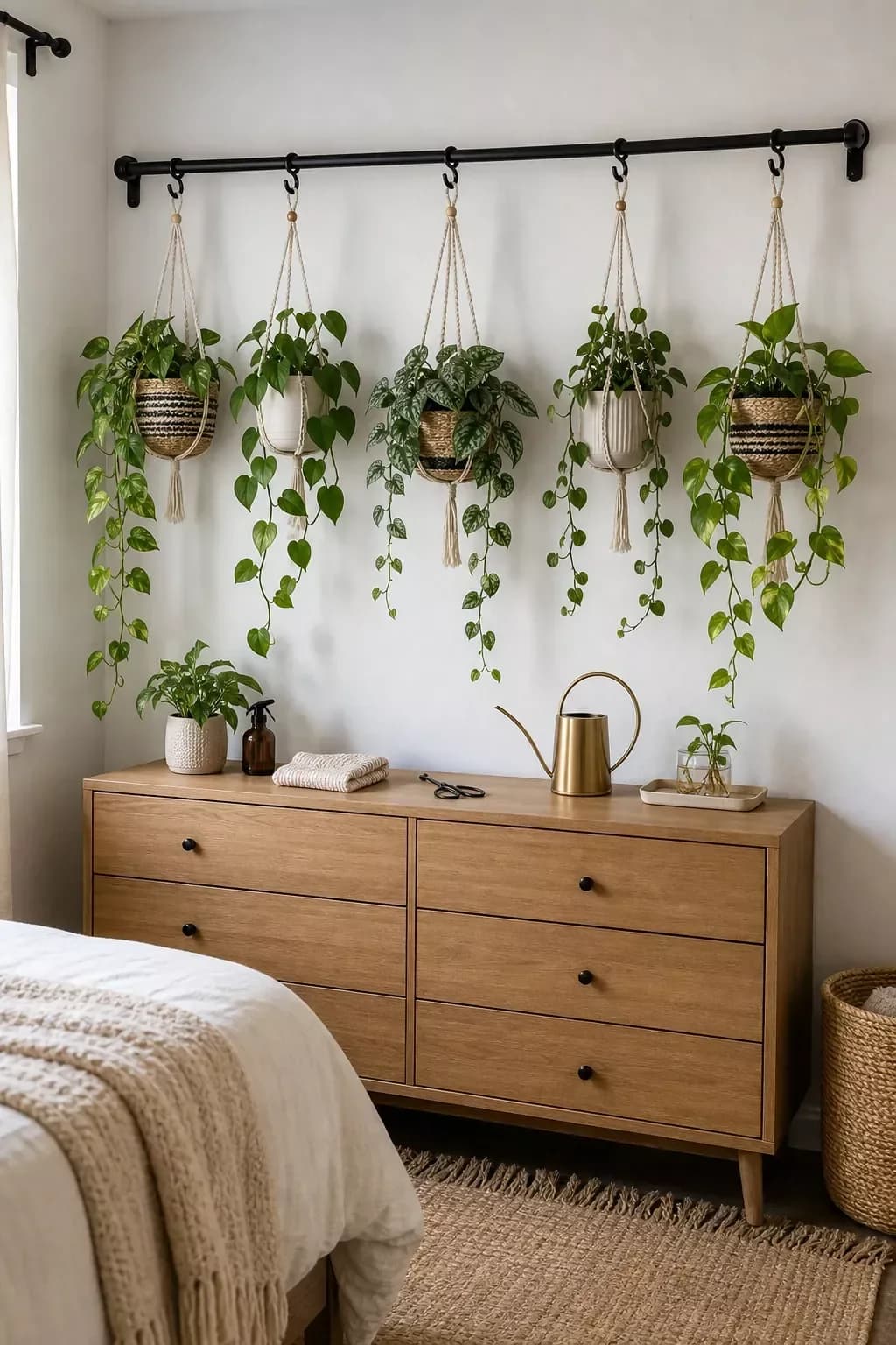 Black rail on a white wall with five macrame hangers holding trailing pothos plants above a light wood dresser in a boho bedroom